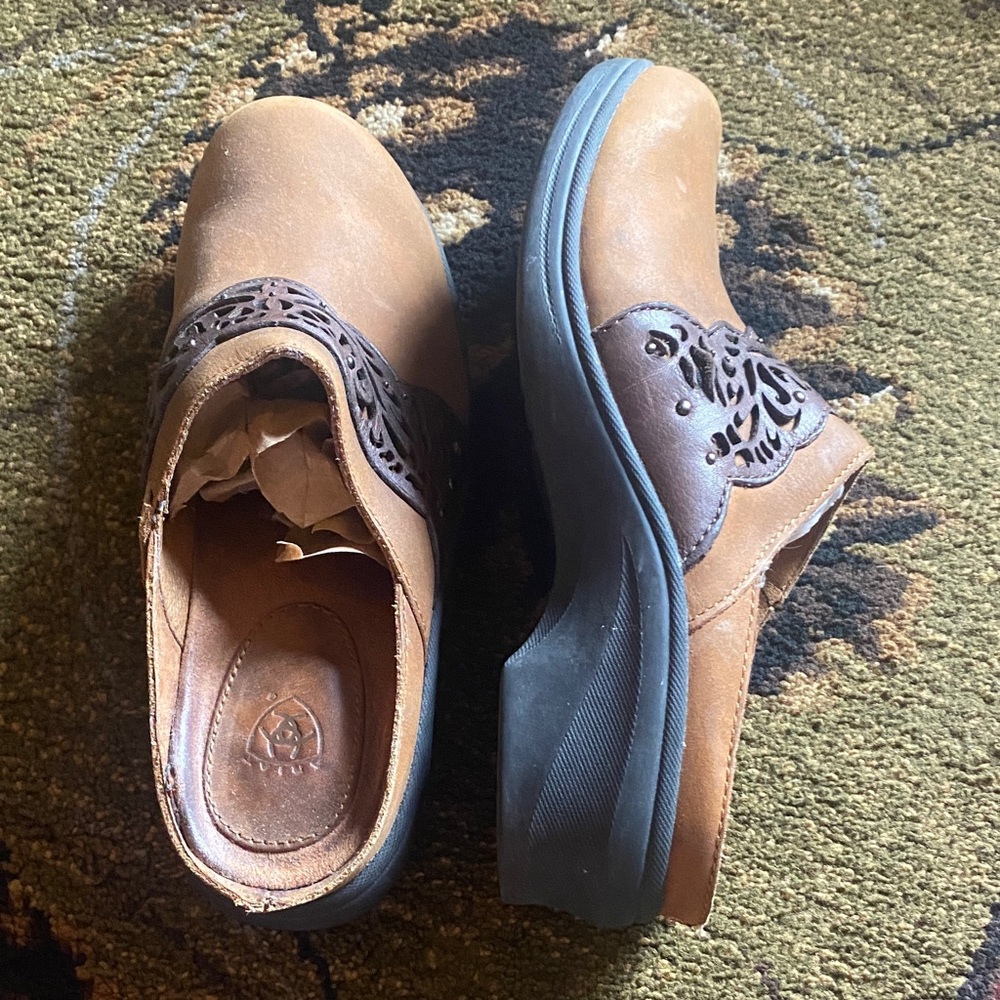 Ariat Tan and Brown Leather Mules